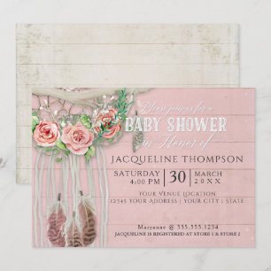 Invitation Baby shower fille BOHO Dream Catcher Wood Floral