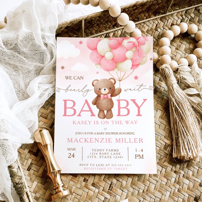 Invitation Baby shower Fille Boloon Ours Teddy (Créateur téléchargé)
