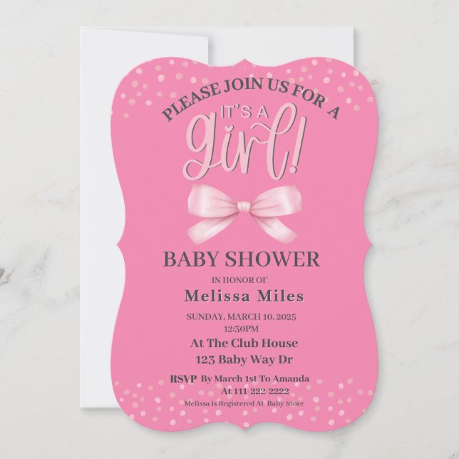 Invitation Baby shower fille Bow Aquarelle rose (Devant)
