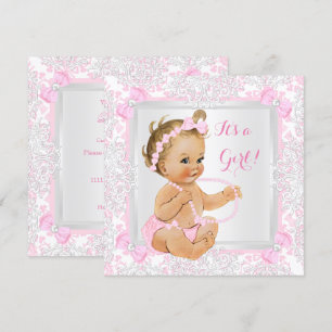 Invitation Baby Shower Fille Broderie Dentelle Rose Blonde