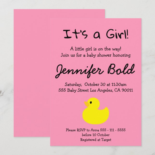 Invitation Baby shower fille canard jaune (Devant / Derrière)
