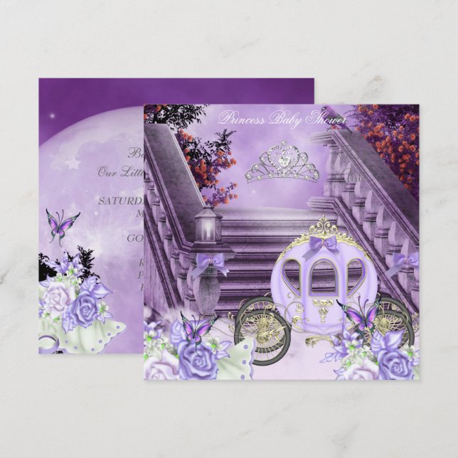 Invitation Baby Shower Fille Carrosse Lavande (Devant / Derrière)