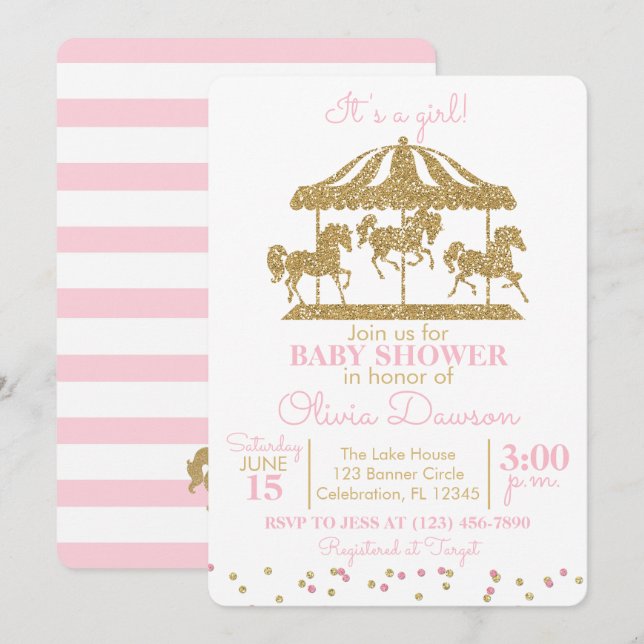 Invitation Baby shower fille carrousel rose et or (Devant / Derrière)