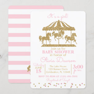 Invitation Baby shower fille carrousel rose et or