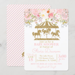 Invitation Baby shower fille carrousel rose et or Floral
