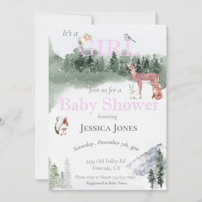 Invitation Baby Shower Fille Cerf Fétiche d'Hiver Forêt Sauva (Devant)