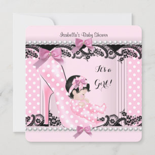 Invitation Baby Shower Fille Chaussure à Talon Rose Points