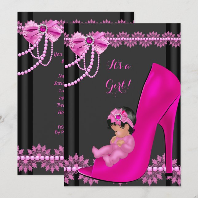 Invitation Baby Shower Fille Chaussure Bébé Rose Chaud Lace 3 (Devant / Derrière)