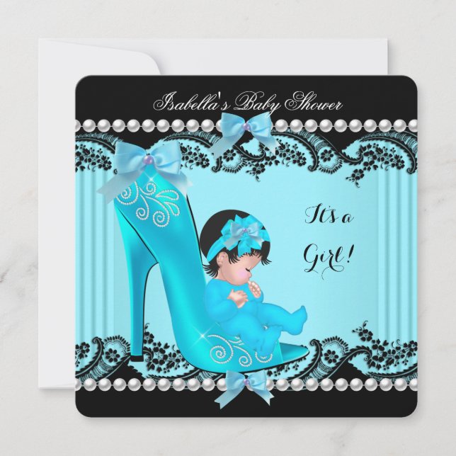 Invitation Baby Shower Fille Chaussure Bleu Canard (Devant)