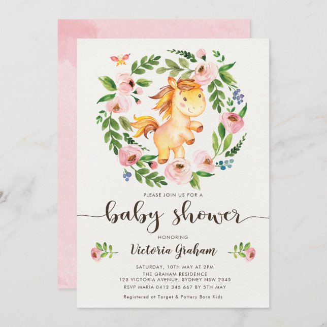Invitation Baby shower Fille Cheval Floral Ressort Blush (Devant / Derrière)