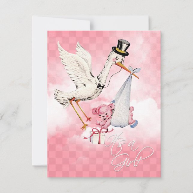 Invitation Baby Shower Fille Cigogne Vintage (Devant)