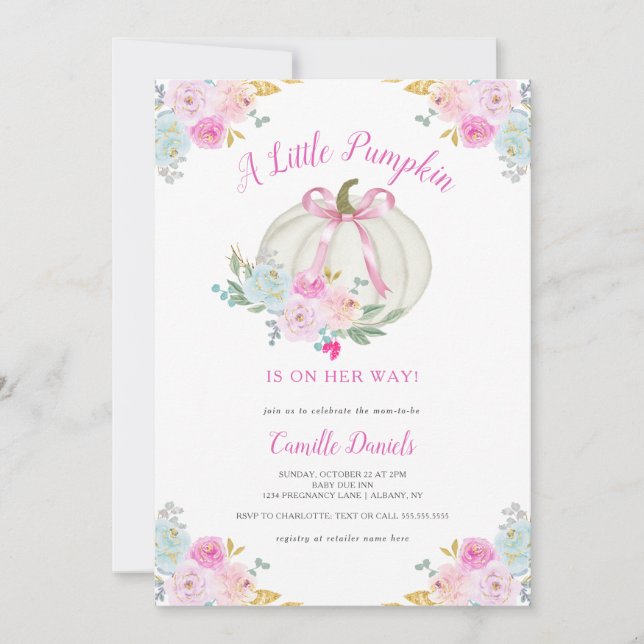 Invitation Baby shower fille Citrouille de la ceinture rose (Devant)