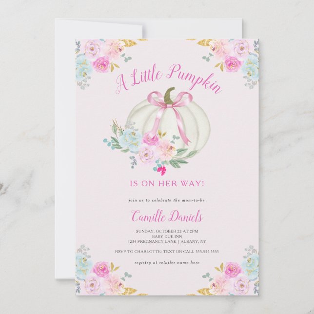 Invitation Baby shower fille Citrouille de la ceinture rose (Devant)