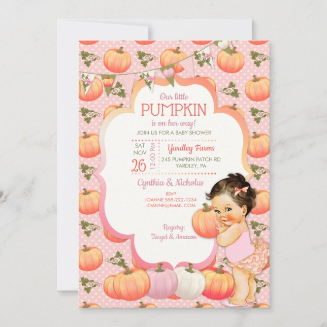 Invitation Baby Shower Fille Citrouille Petite Brunette Clair (Devant)