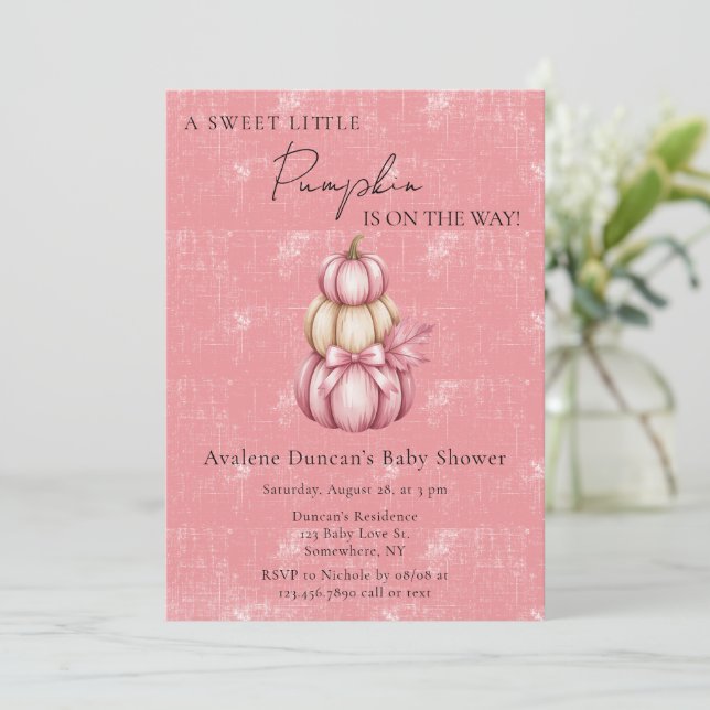 Invitation Baby shower fille Citrouille rose (Debout devant)