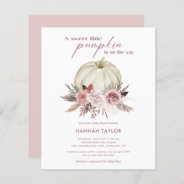 Invitation Baby shower fille Citrouille rose budge (Devant / Derrière)