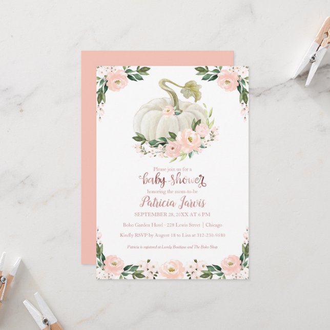 Invitation Baby shower fille Citrouille rose Rose  (Devant/Arrière en situation)