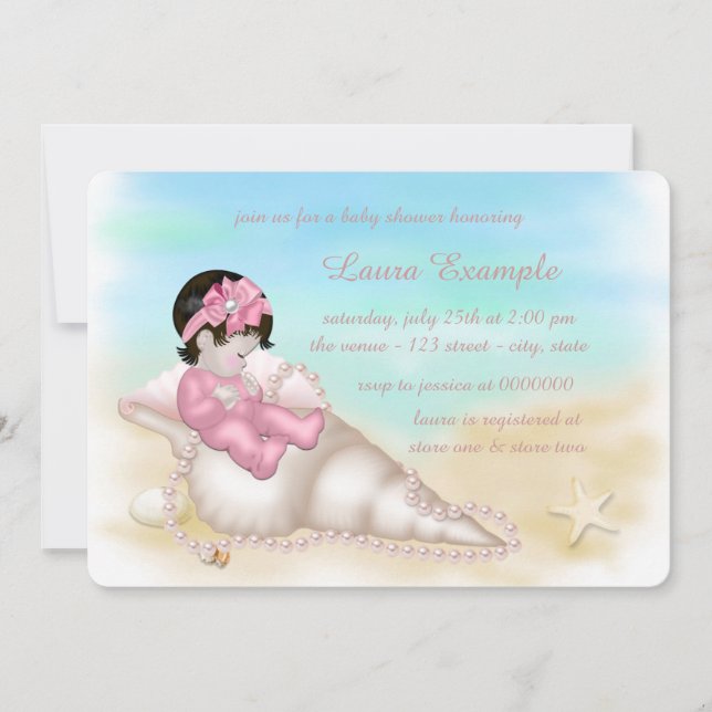 Invitation Baby Shower Fille Coquillages de Plage (Devant)