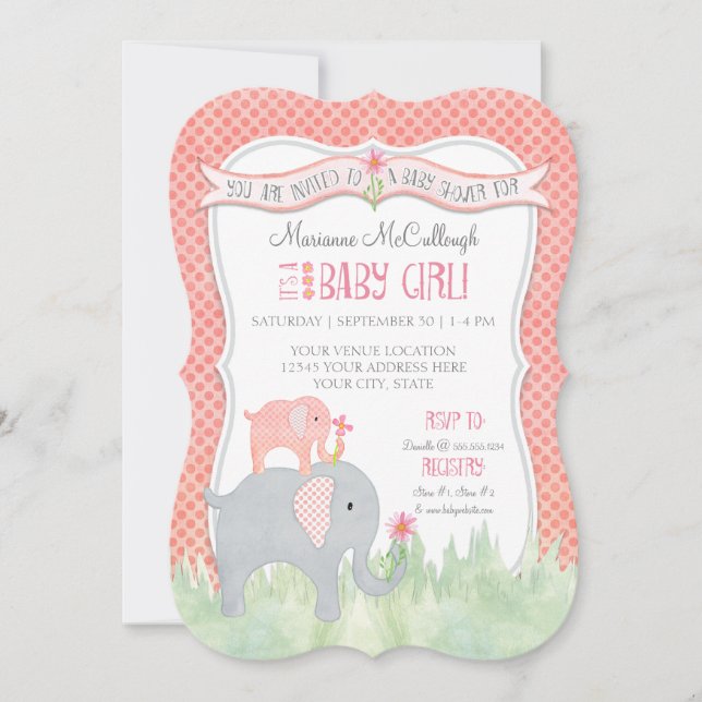 Invitation Baby shower Fille Cute  Eléphant Aquarelle (Devant)
