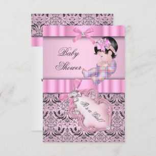 Invitation Baby shower fille Damask rose Grey