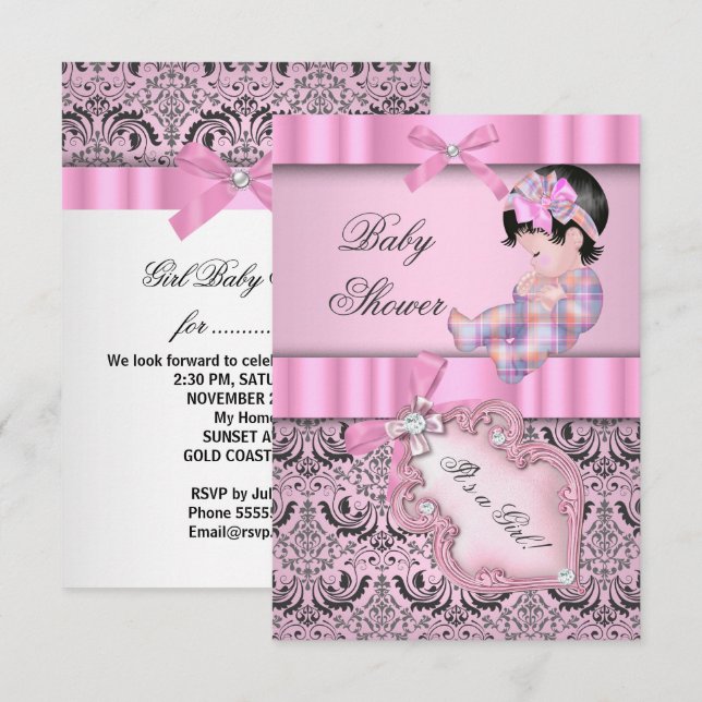 Invitation Baby Shower Fille Damassé Rose Gris (Devant / Derrière)