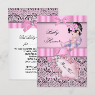 Invitation Baby Shower Fille Damassé Rose Gris