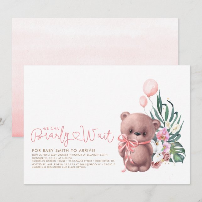 Invitation Baby shower fille d'attente de l'ours en peluche r (Devant / Derrière)