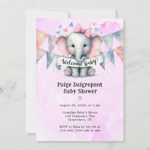 Invitation Baby shower fille de bienvenue Eléphant mignon