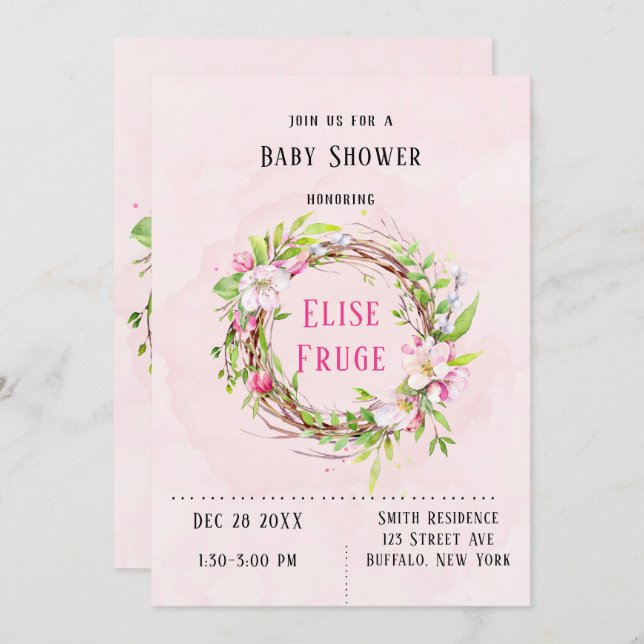 Invitation Baby shower Fille de couronnes d'arbre de fleurs d (Devant / Derrière)
