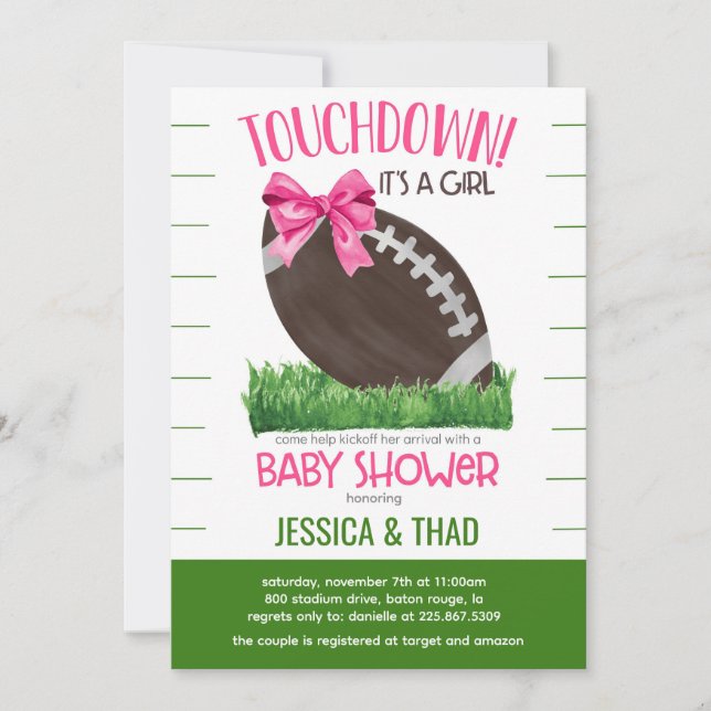 Invitation Baby shower fille de football (Devant)