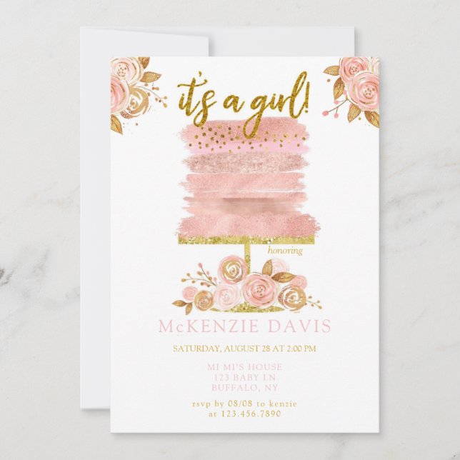 Invitation Baby shower Fille de gâteau de pivoine rose (Devant)