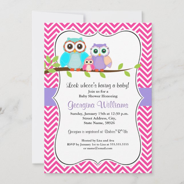 Invitation Baby shower fille de la chouette mignon (Devant)