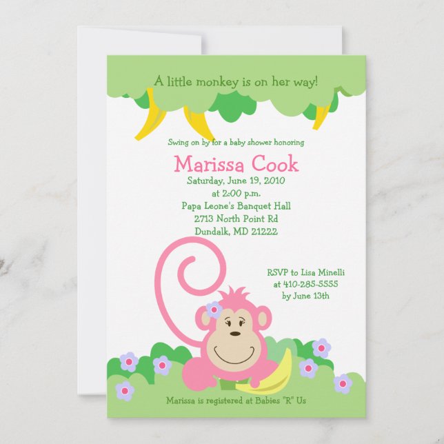 Invitation Baby shower fille de la Jungle de singe rose Silly (Devant)