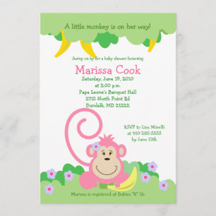 Invitation Baby shower fille de la Jungle de singe rose Silly