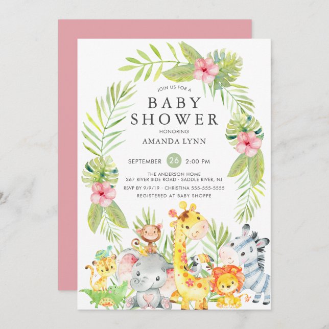 Invitation Baby shower fille de la Jungle mignonne (Devant / Derrière)