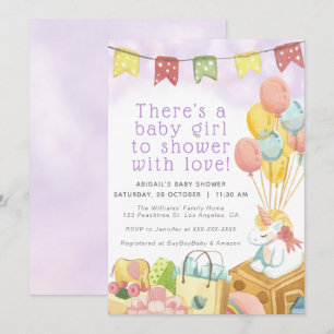 Invitation Baby shower fille de la soirée de ballons rose/vio