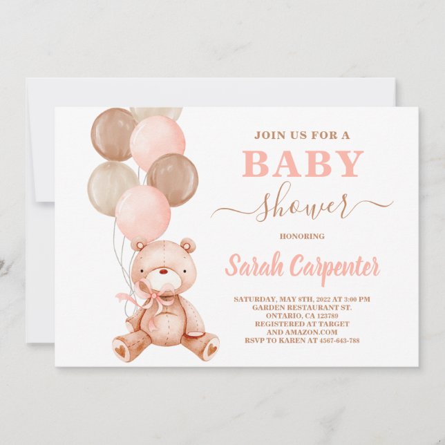 Invitation Baby shower fille de l'ours en peluche (Devant)