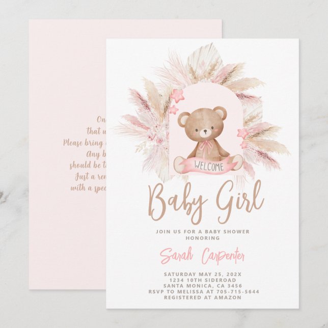 Invitation Baby shower fille de l'ours rose Teddy (Devant / Derrière)