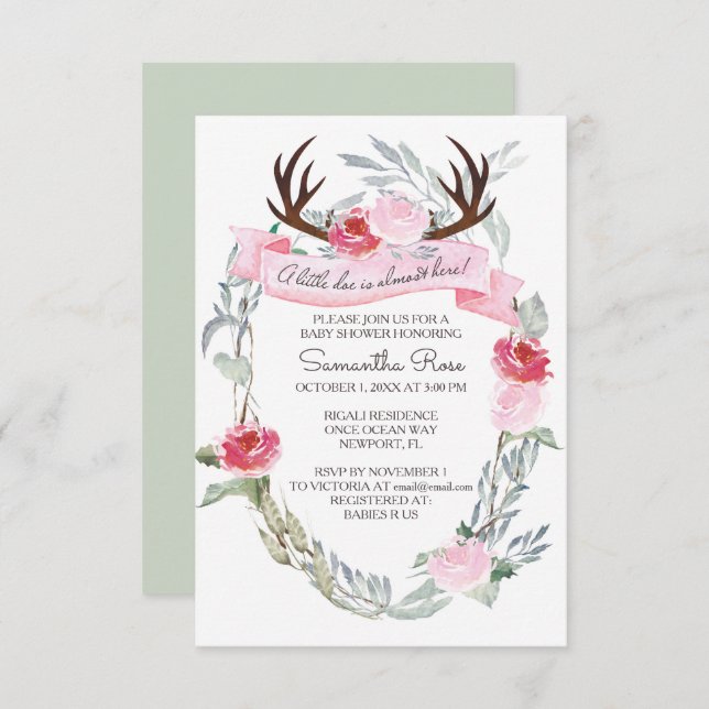 Invitation BABY SHOWER fille DEER ANTLER Invitation, rose (Devant / Derrière)