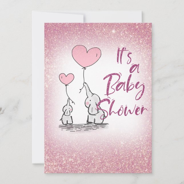 Invitation Baby Shower Fille Dégradé Rose Paillettes Éléphant (Devant)