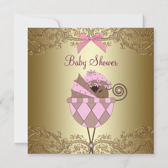 Invitation Baby Shower Fille Dentelle Or Rose (Devant)