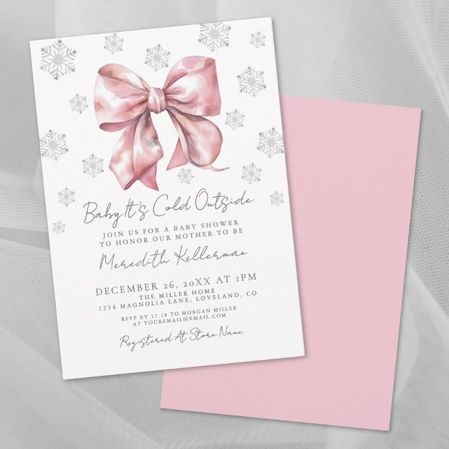 Invitation Baby Shower Fille d'Hiver Arc Rose (Pink Bow Winter Girl Baby Shower Invitation )