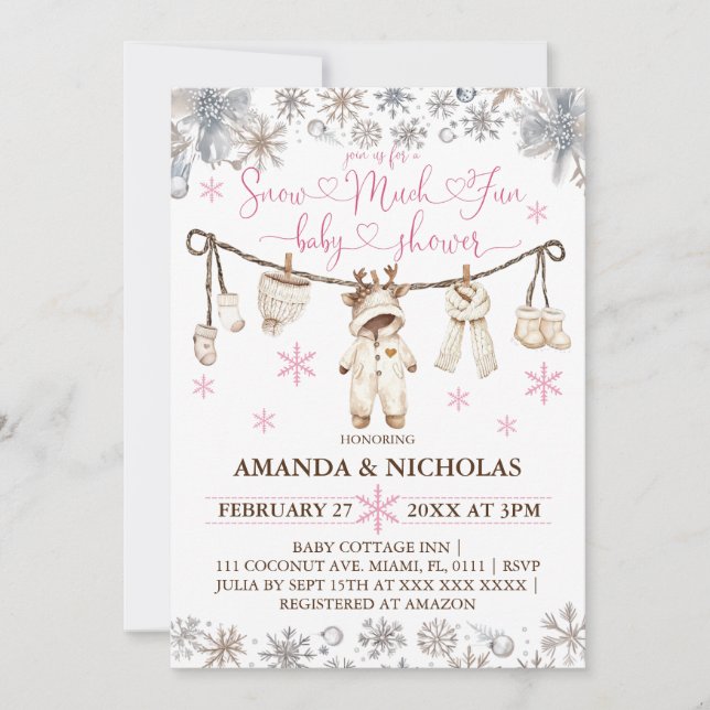 Invitation Baby shower Fille d'hiver de neige beaucoup amusan (Devant)