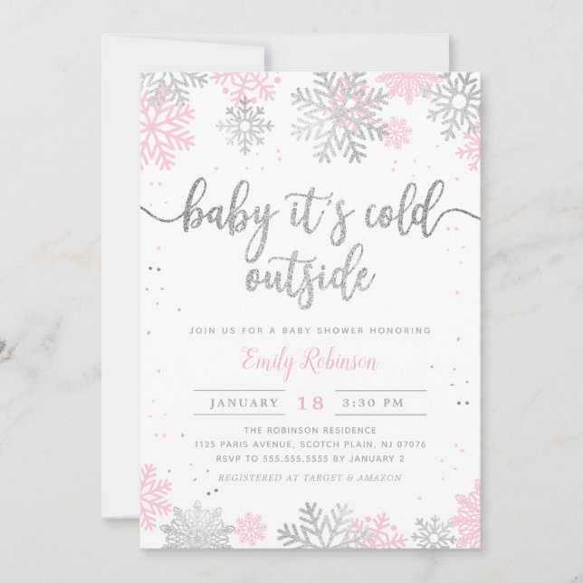 Invitation Baby shower Fille D'Hiver Rose Et Argent (Devant)