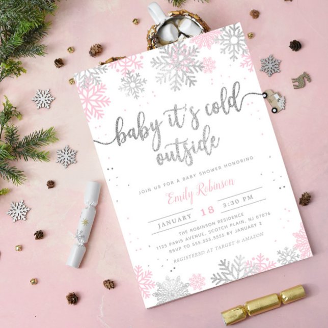 Invitation Baby shower Fille D'Hiver Rose Et Argent (Créateur téléchargé)