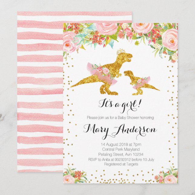 Invitation Baby shower fille Dino or rose (Devant / Derrière)