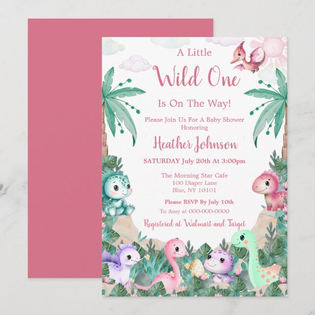 Invitation Baby Shower Fille Dinosaure Mignon Aquarelle (Devant / Derrière)