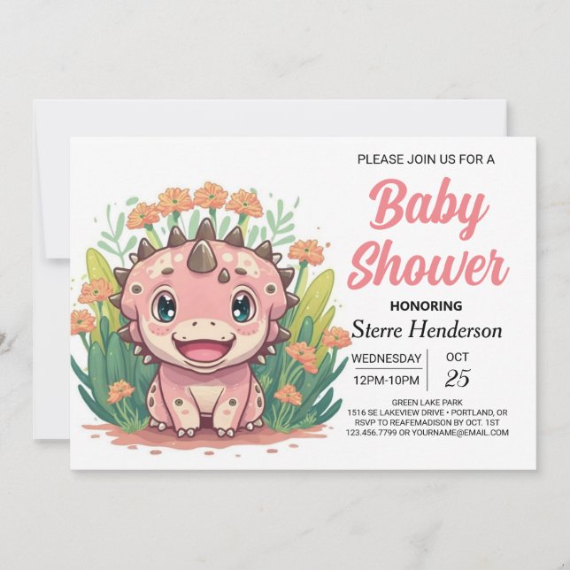 Invitation Baby shower fille Dinosaure Rose enchanté (Devant)