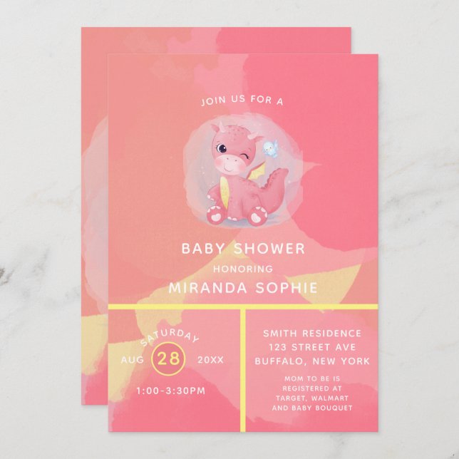 Invitation Baby shower fille Dinosaure rose et jaune mignon (Devant / Derrière)