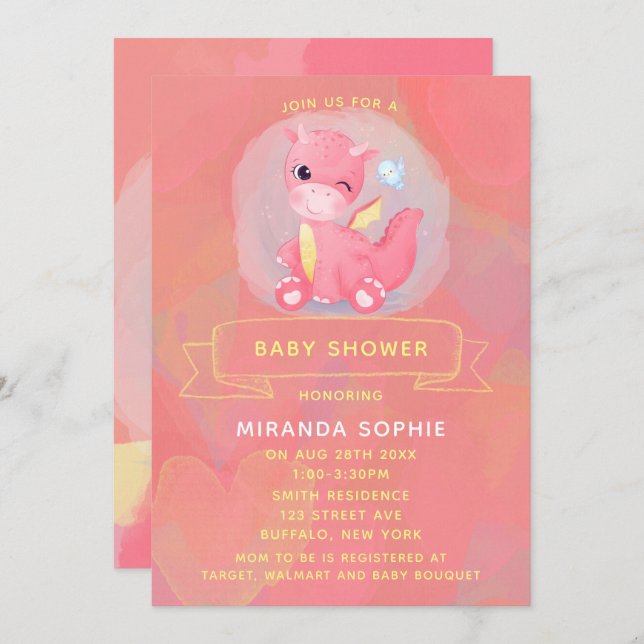 Invitation Baby shower fille Dinosaure rose et jaune mignon (Devant / Derrière)